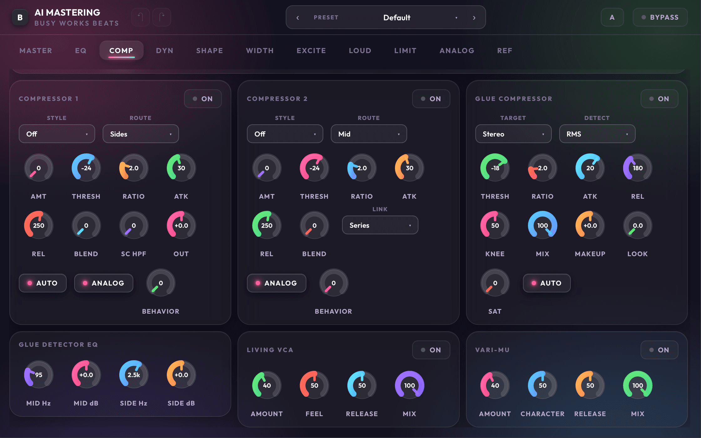 AI Mastering 11 compression page with glue, attack, release, mix, and mode controls
