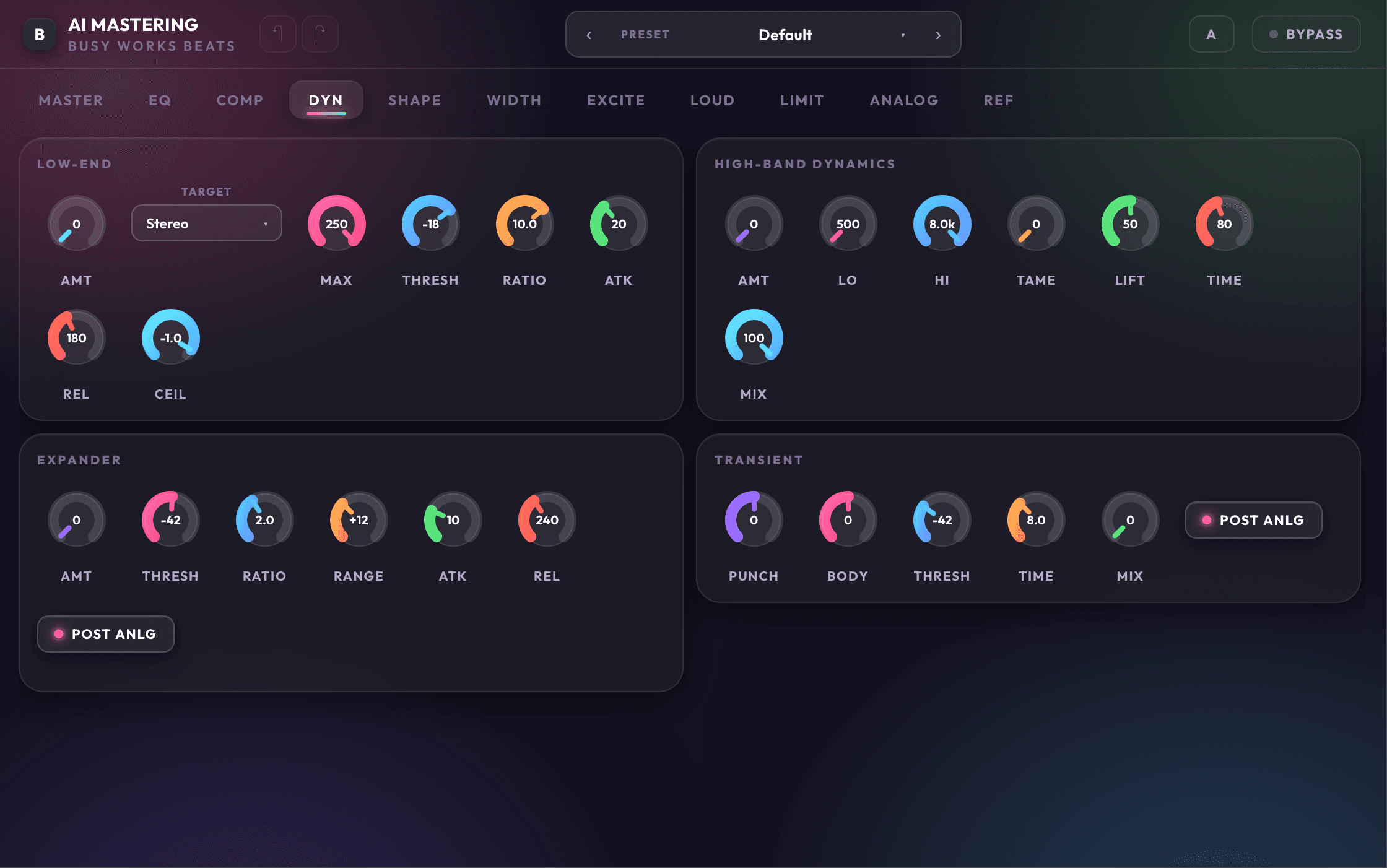 AI Mastering 11 dynamics page with control and transient shaping modules