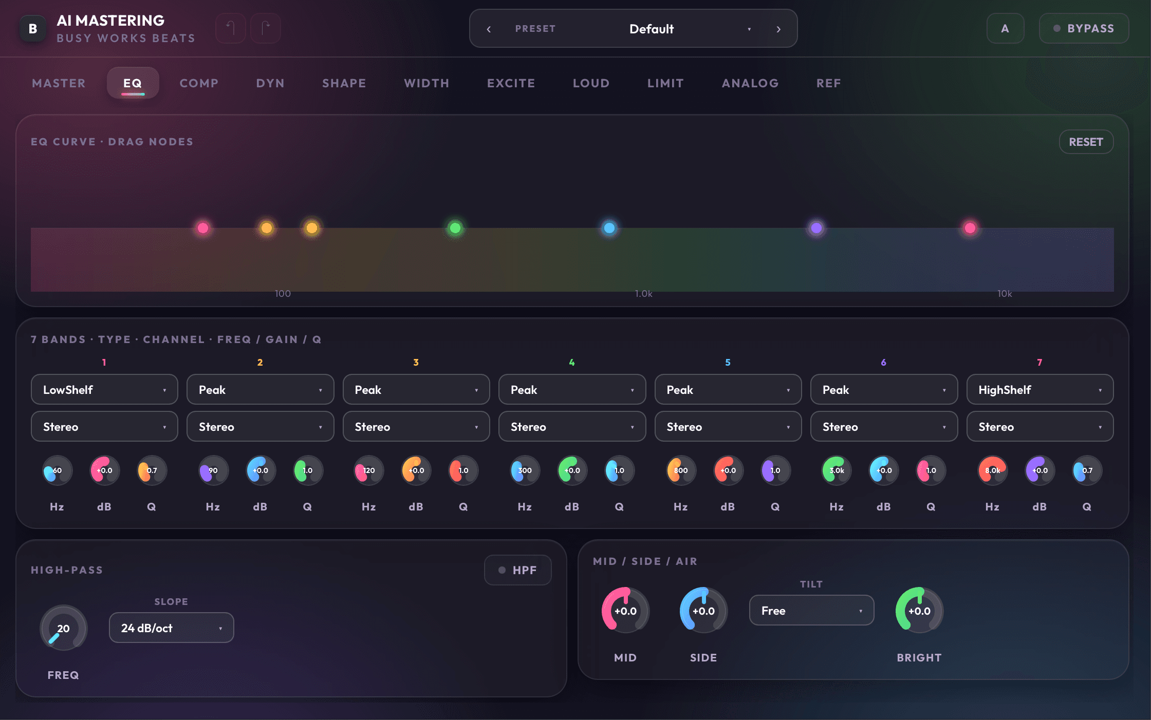 AI Mastering 11 EQ page with low, mid, high, tilt, and tone controls