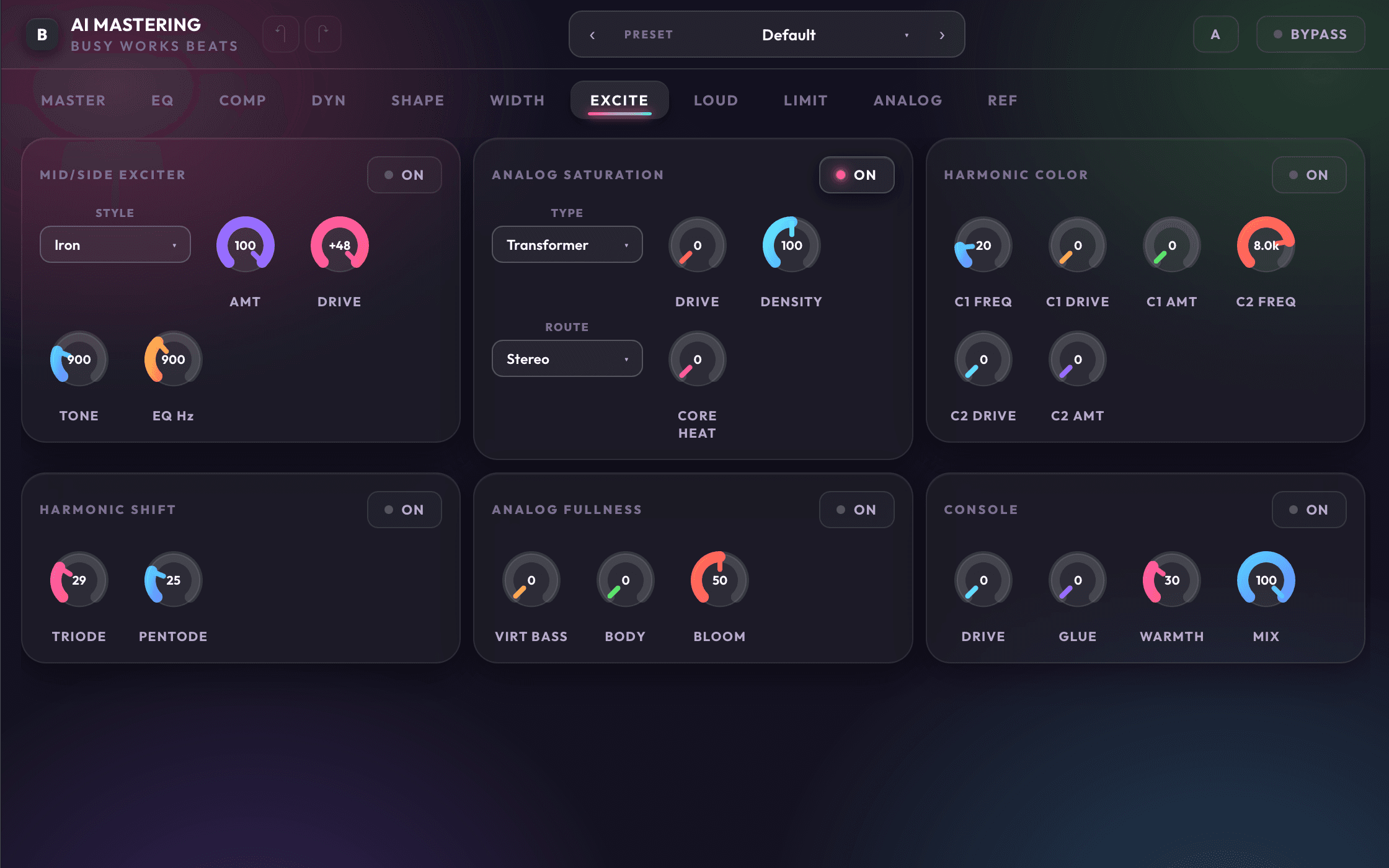 AI Mastering 11 excite page with bright, warm, edge, and texture controls
