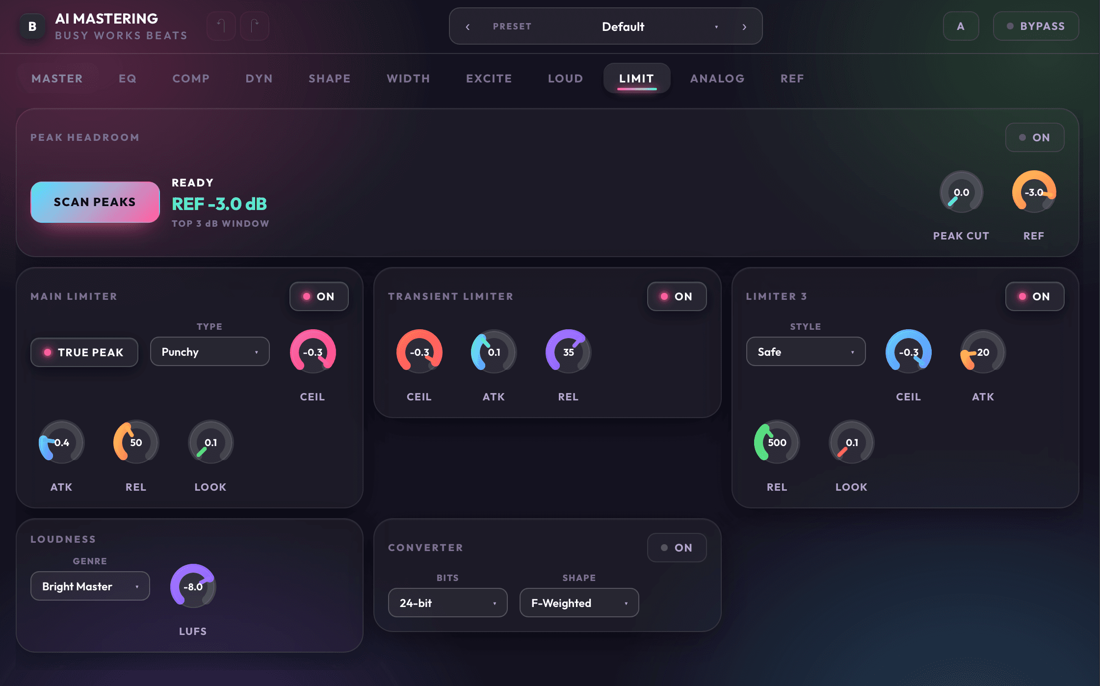 AI Mastering 11 limit page with true peak, limiter, transient limiter, and loudness controls