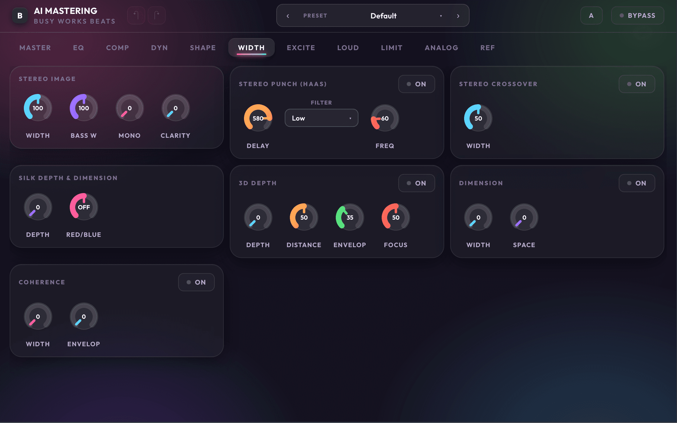 AI Mastering 11 width page with stereo width and low mono controls