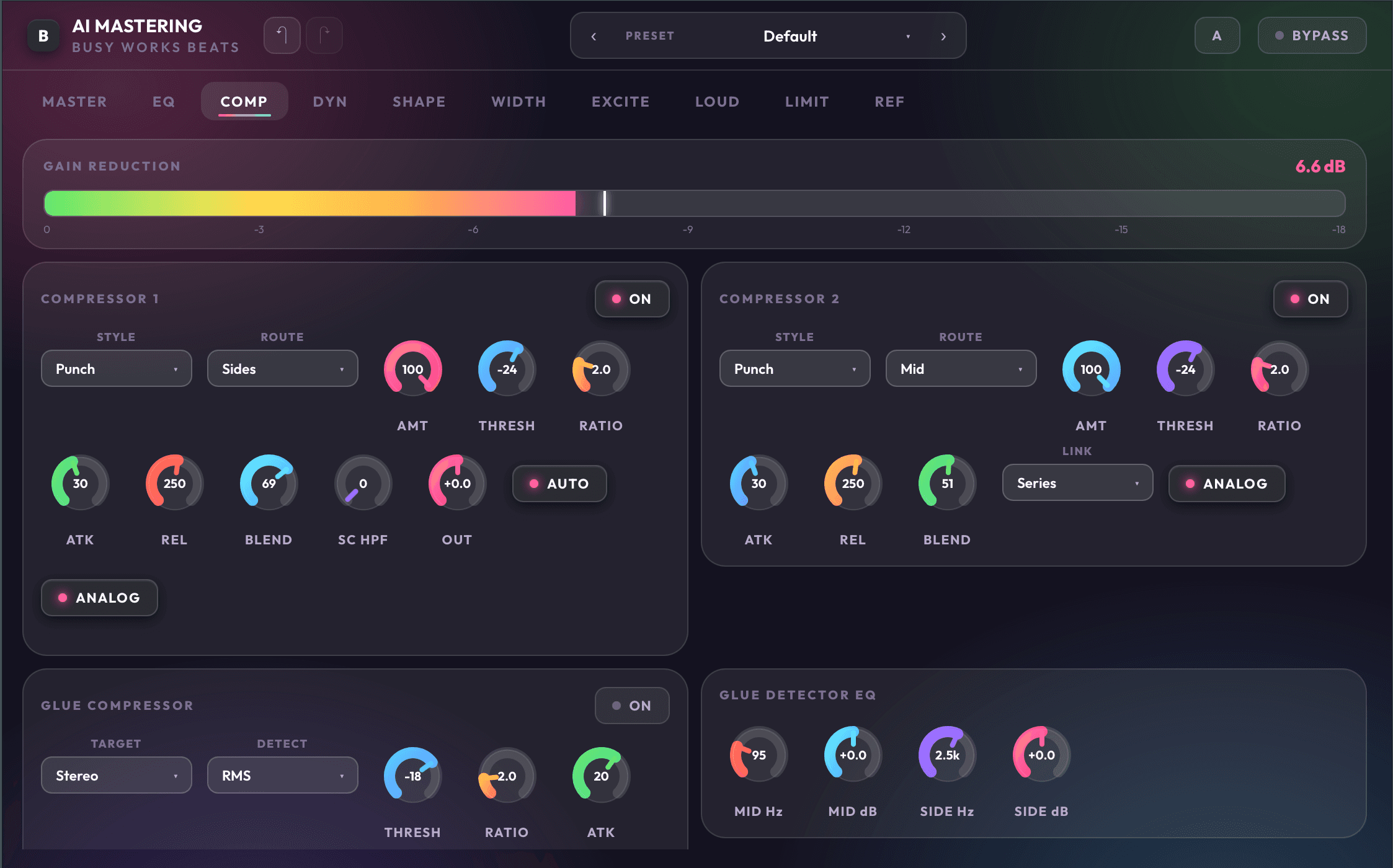 AI Mastering 9 compression page with glue, attack, release, mix, and mode controls