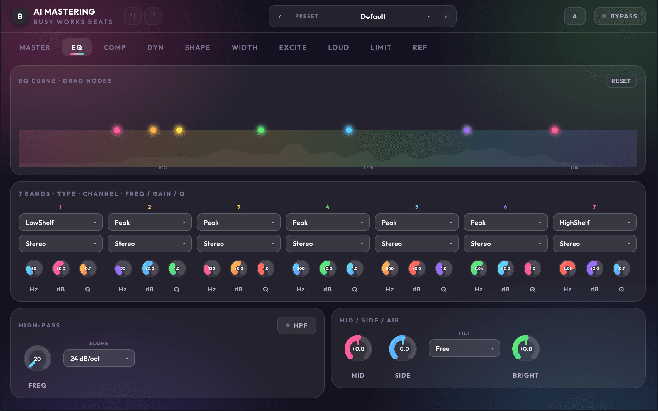 AI Mastering 9 EQ page with low, mid, high, tilt, and tone controls