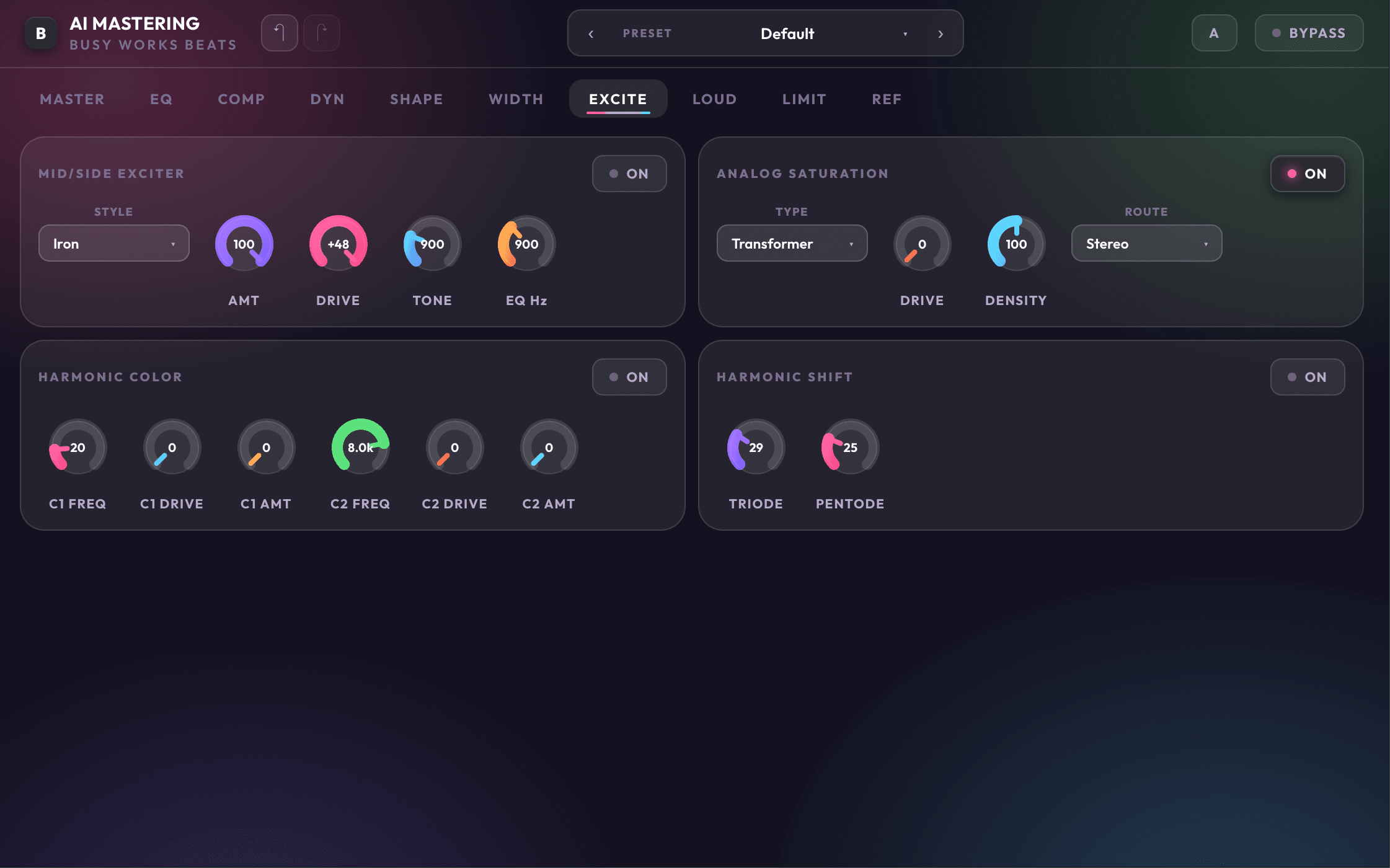 AI Mastering 9 excite page with bright, warm, edge, and texture controls
