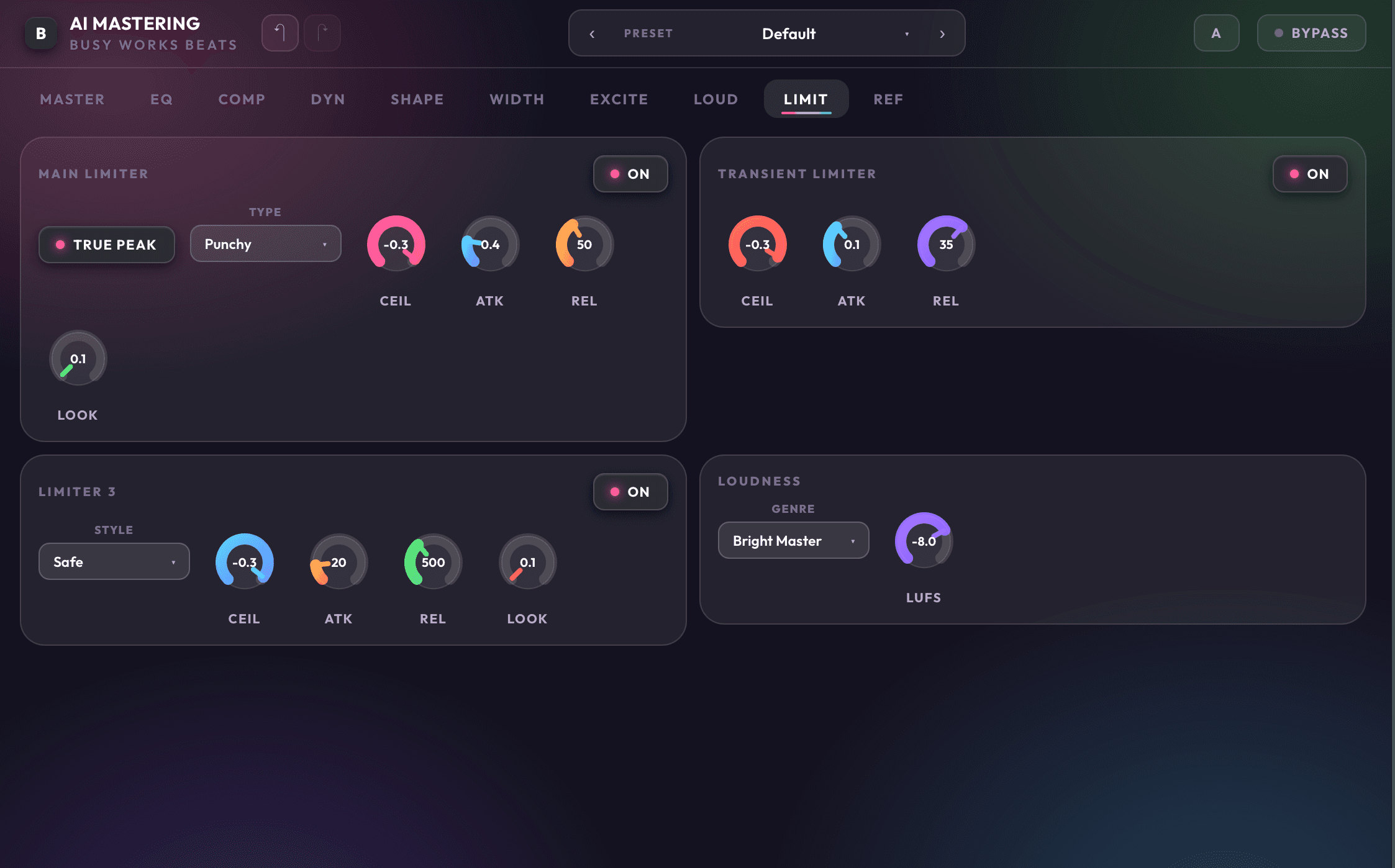 AI Mastering 9 limit page with true peak, limiter, transient limiter, and loudness controls