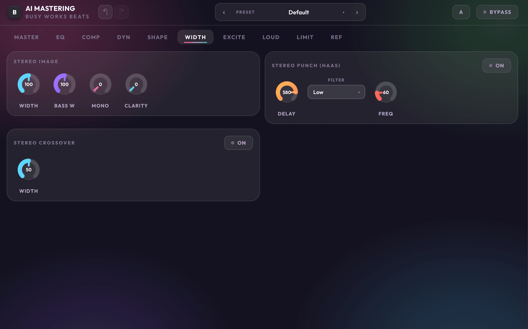 AI Mastering 9 width page with stereo width and low mono controls