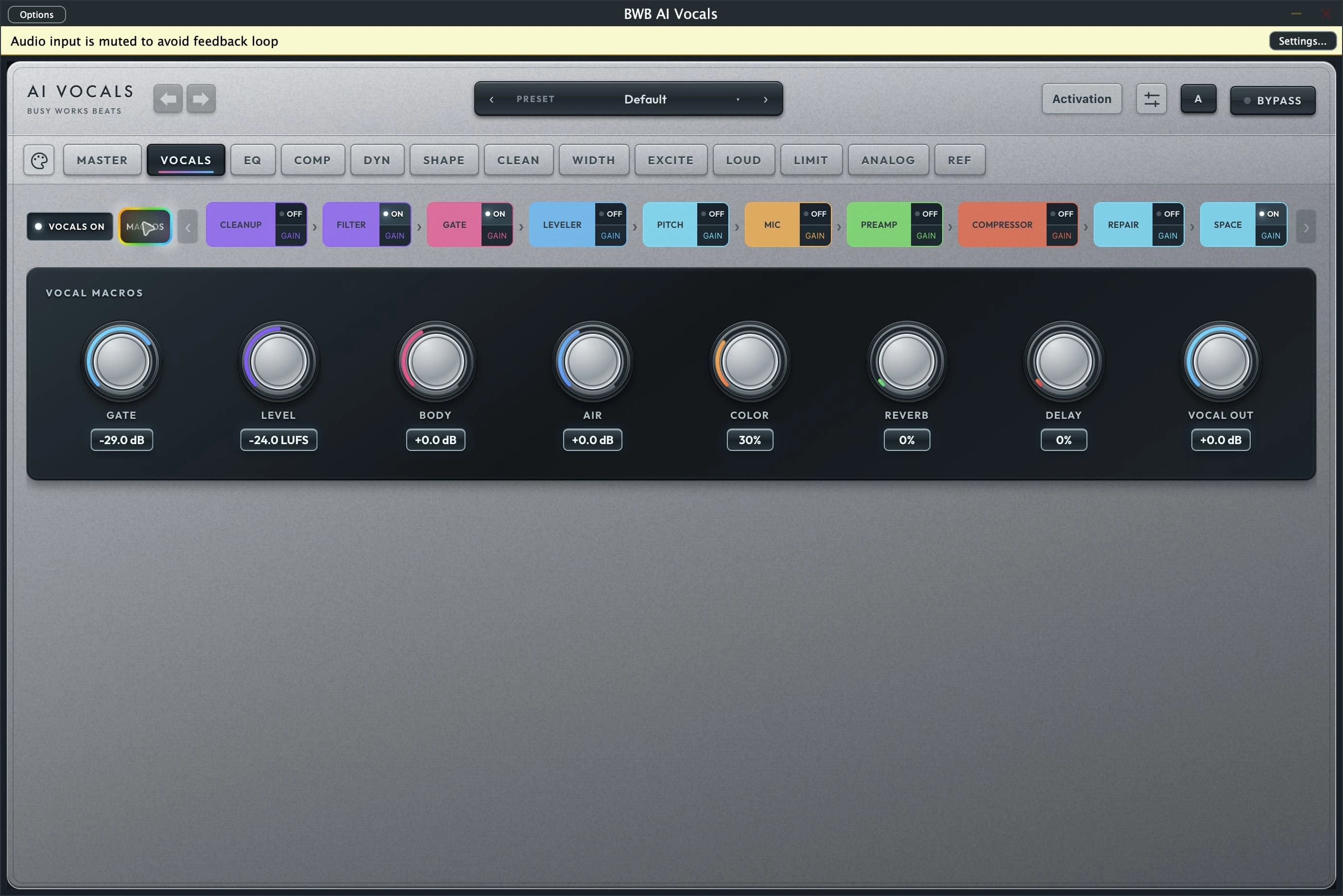 Full · vocal modules: Macros controls in the running plugin
