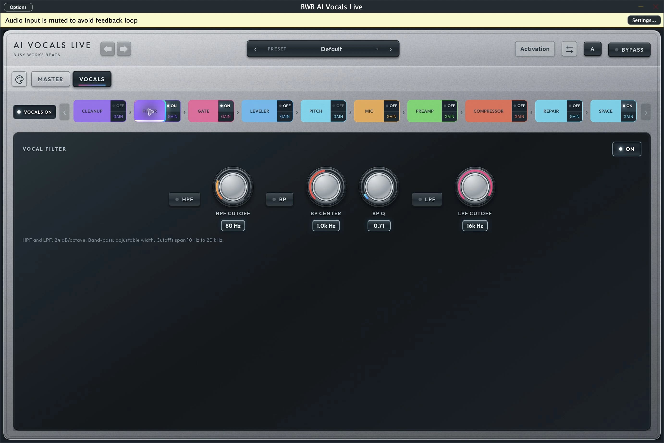 Live · vocal modules: Filter controls in the running plugin