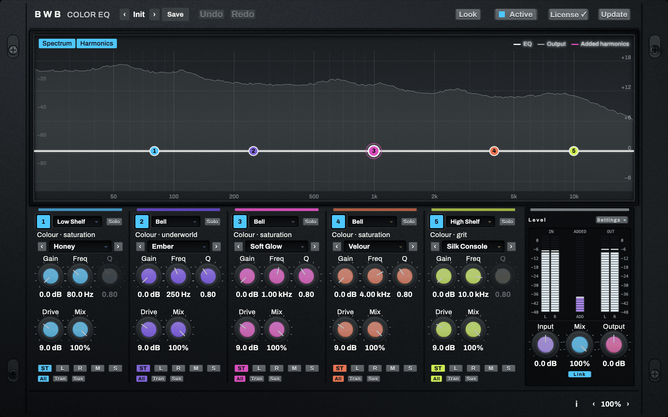 Color EQ interface showing five colored EQ bands, analyzer and level controls