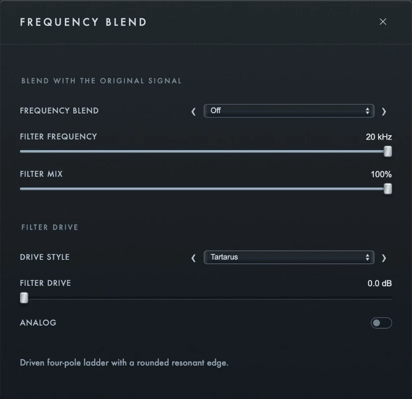 HADES advanced filter with drive style, amount and Analog switch