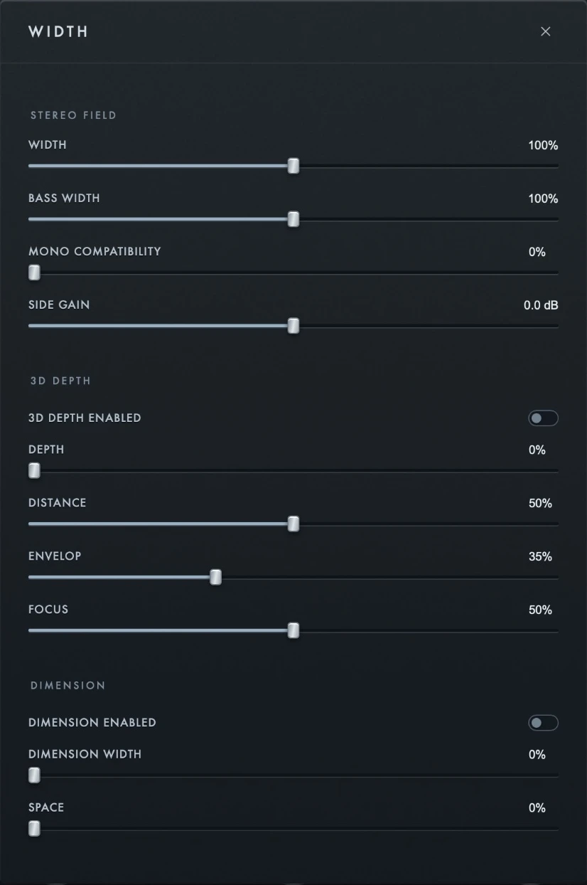 HADES width, bass width, mono compatibility, 3D Depth and Dimension controls