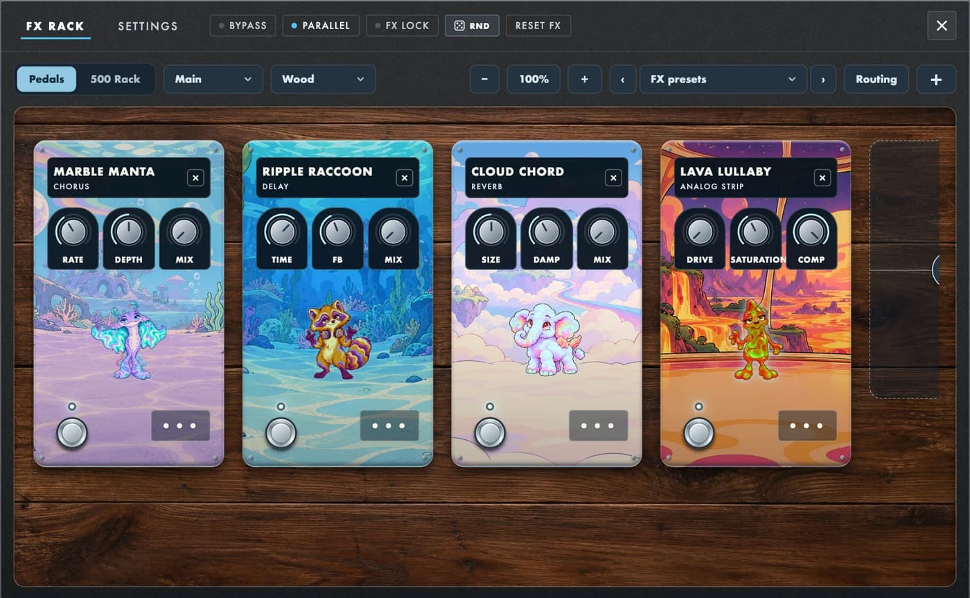 CHAOS pedal rack with Chorus, Delay, Reverb and Analog Strip