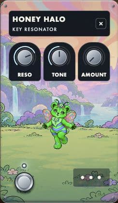 Key resonator guitar pedal with its full artwork, controls and footswitch