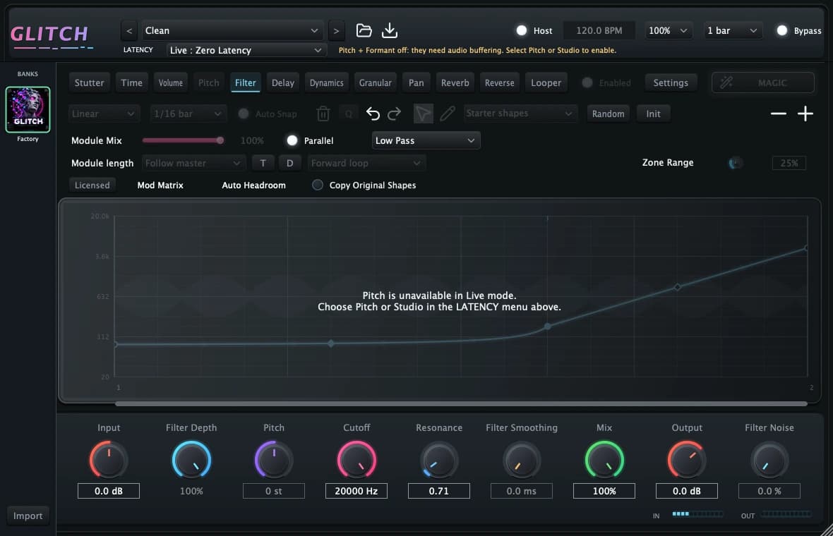 Glitch Filter module with an editable curved envelope