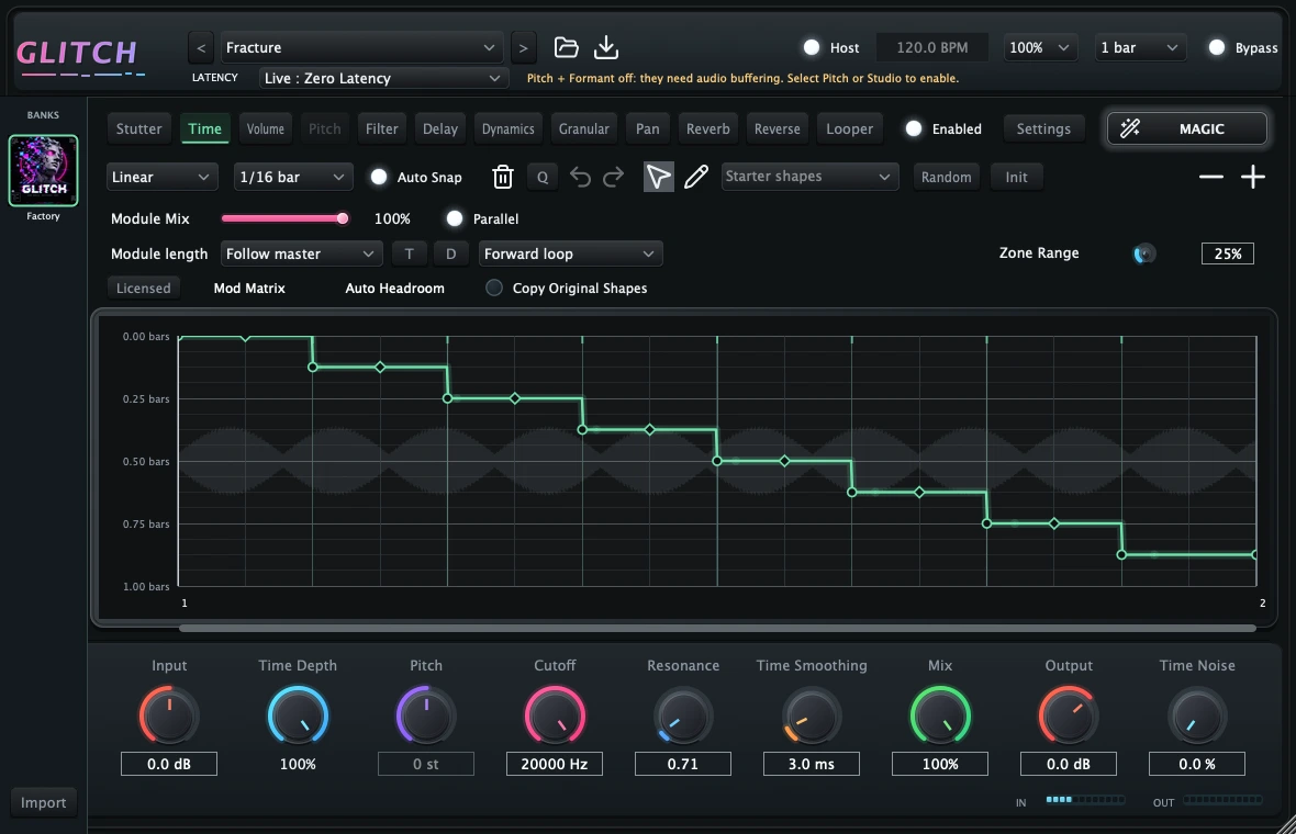 Glitch Time module displaying the stepped Fracture factory pattern
