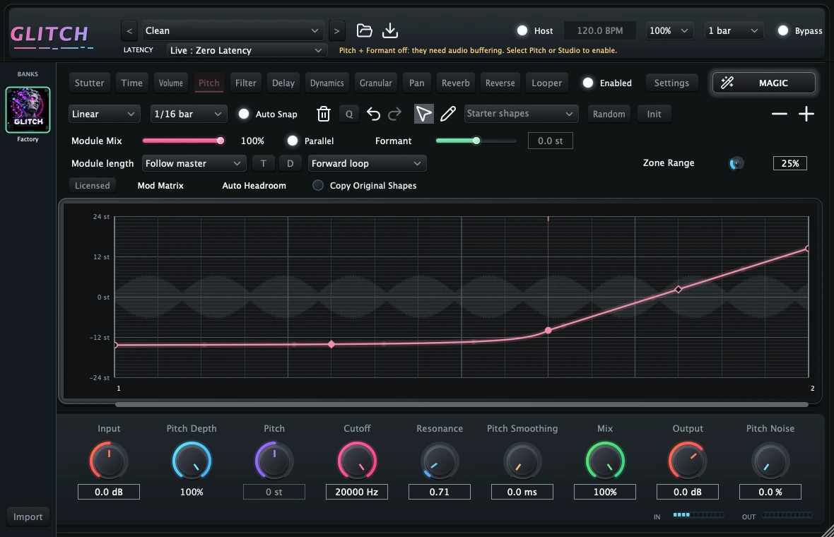 Glitch Pitch module with an editable curved envelope