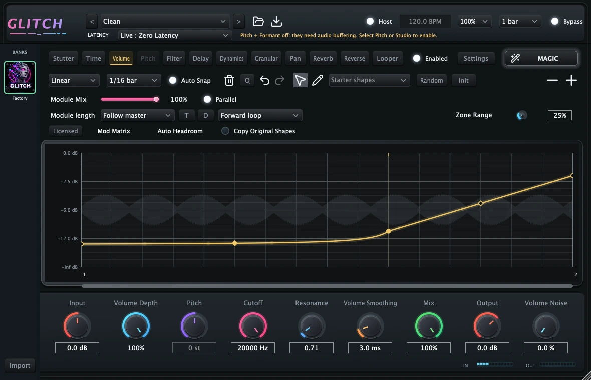 Glitch Volume module with an editable curved envelope
