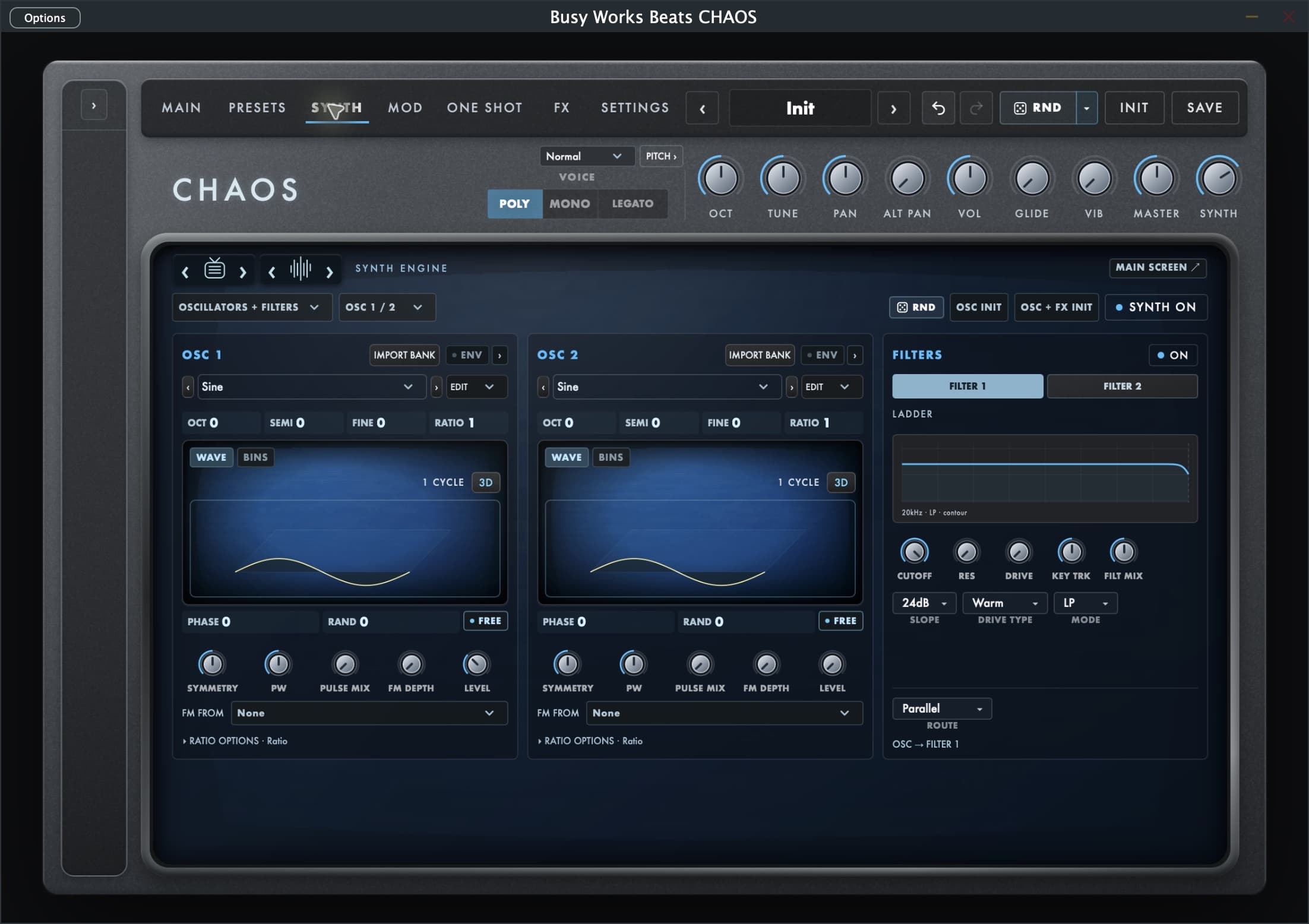 Chaos: Six oscillators. Two filters.