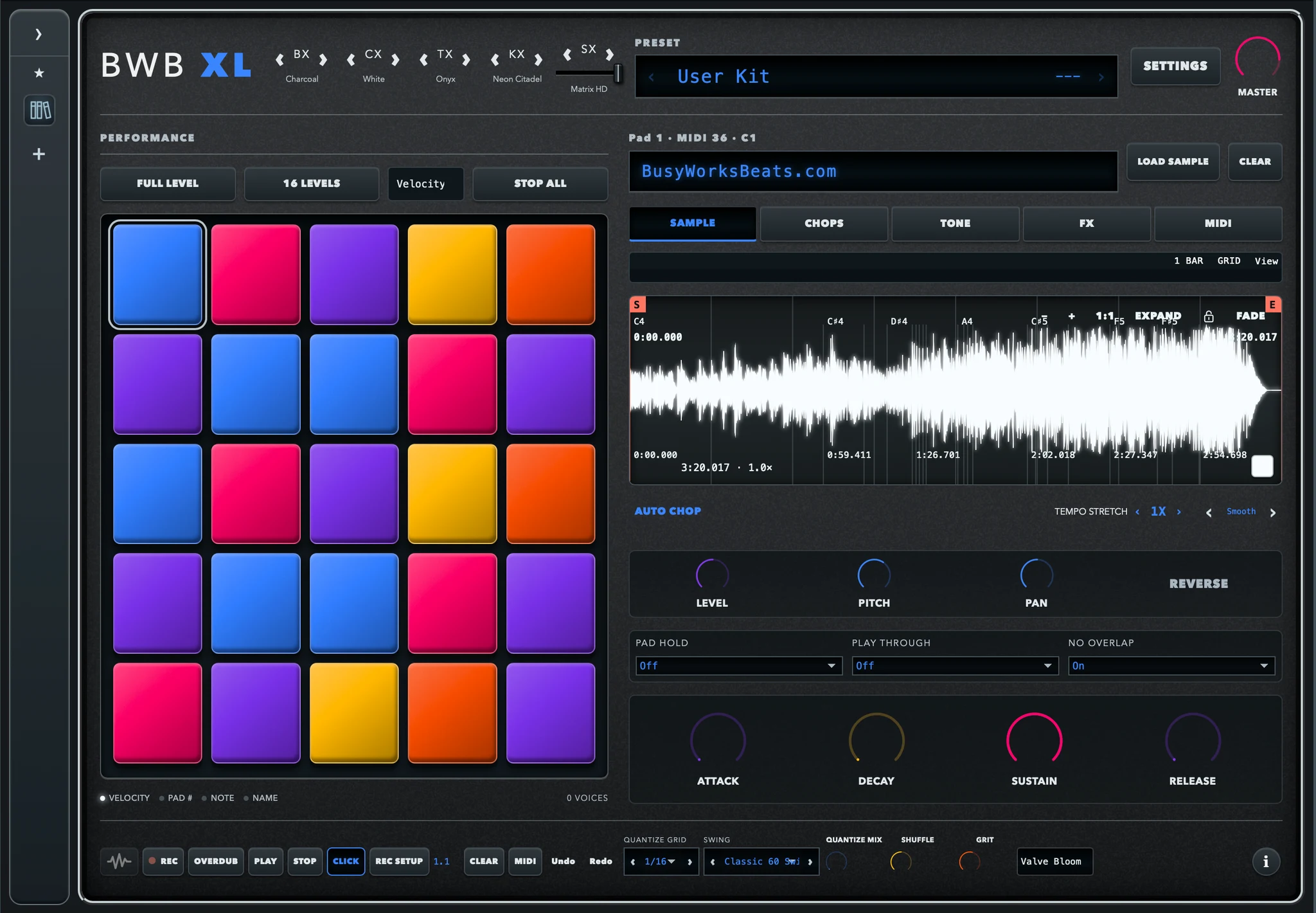 BWB XL sampler with 25 colorful pads, sample waveform, chop controls and sequencer