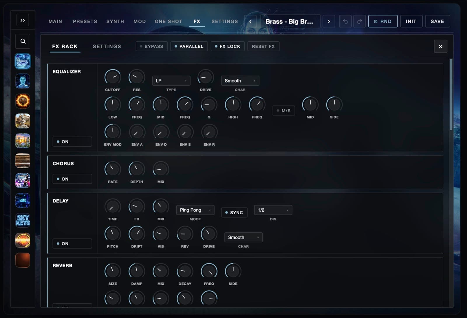 Sampler 2 FX rack with equalizer, chorus, ping-pong delay, and reverb