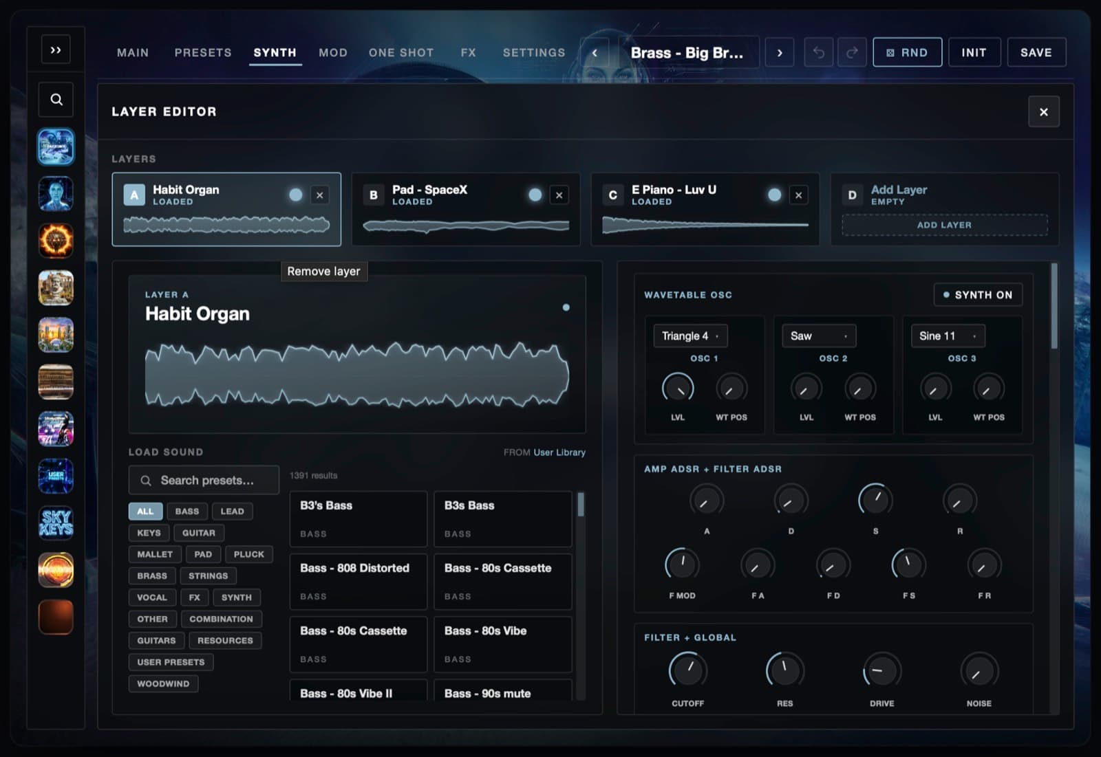 Sampler 2 layer editor with waveform, wavetable oscillators, and envelopes