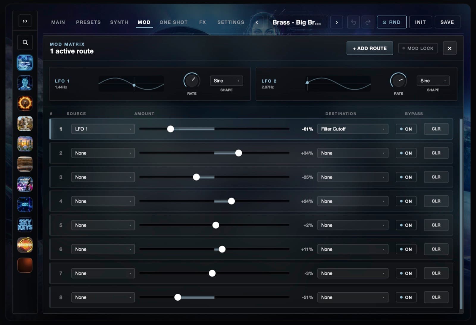 Sampler 2 mod matrix with two LFOs and eight modulation routes