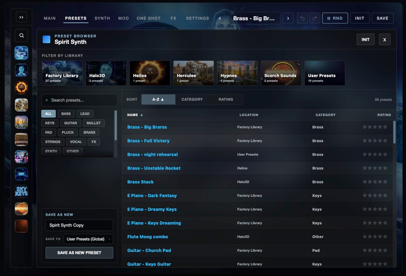 Sampler 2 preset browser filtering presets by library, category, and rating