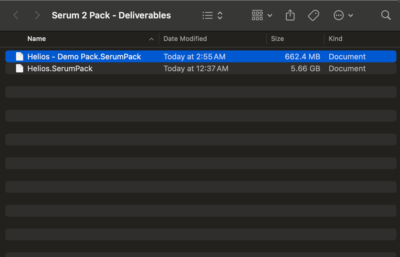 Finder window comparing the Helios demo pack and full SerumPack file size