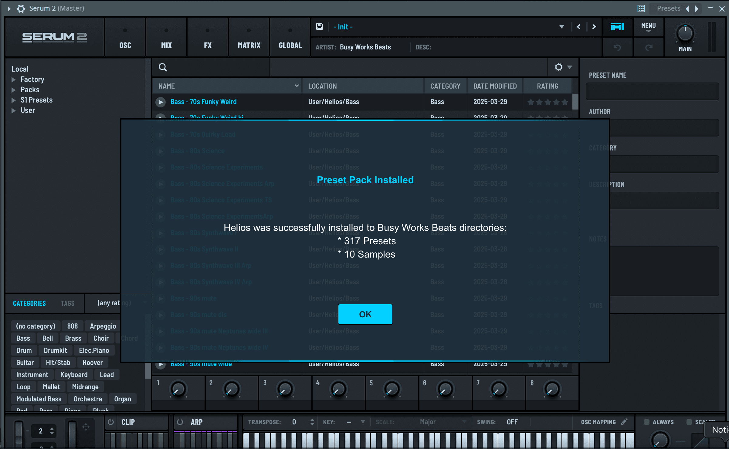Helios preset pack installed inside Serum 2
