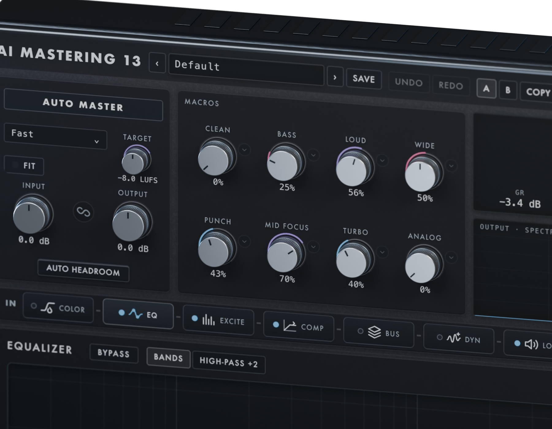 Blender detail render of AI Mastering 13's physically modeled silver knobs and textured graphite face