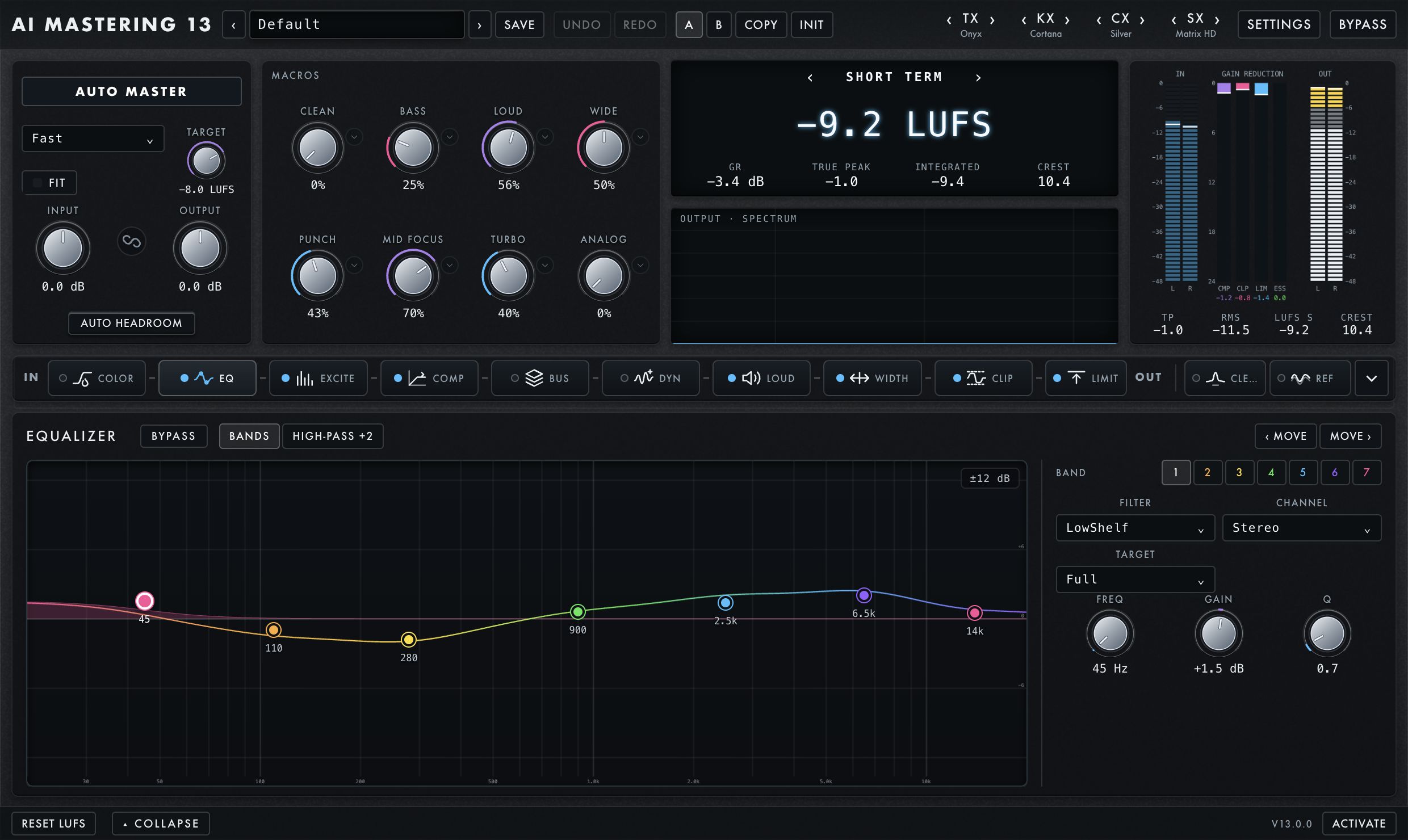 The actual AI Mastering 13 interface showing its macros, signal-flow row, meters and equalizer