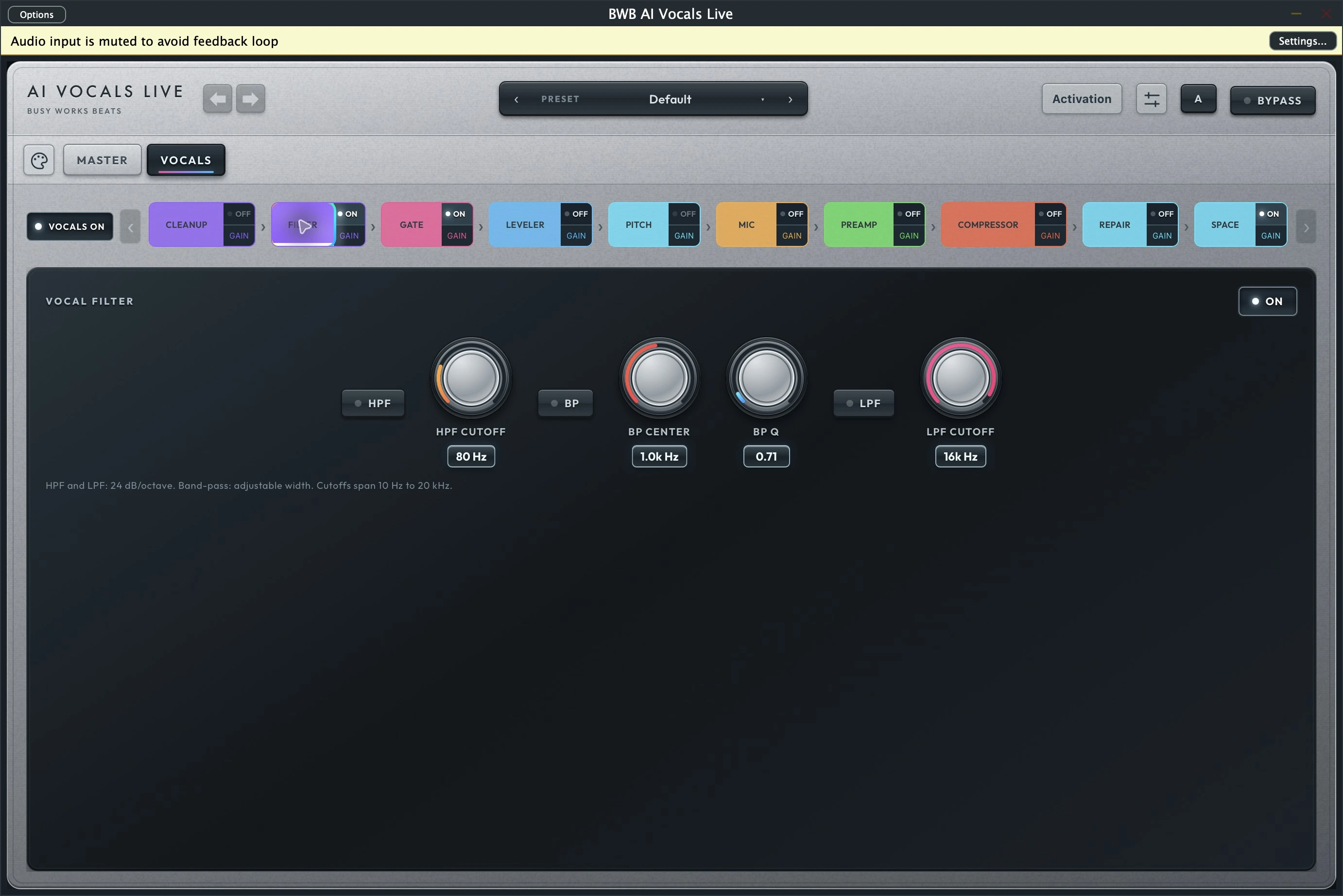Live · vocal modules · Filter controls